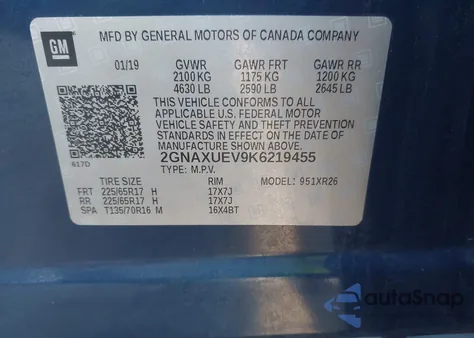 2019 Chevrolet Equinox Lt из США, поврежденный, VIN 2GNAXUEV9K6219455
